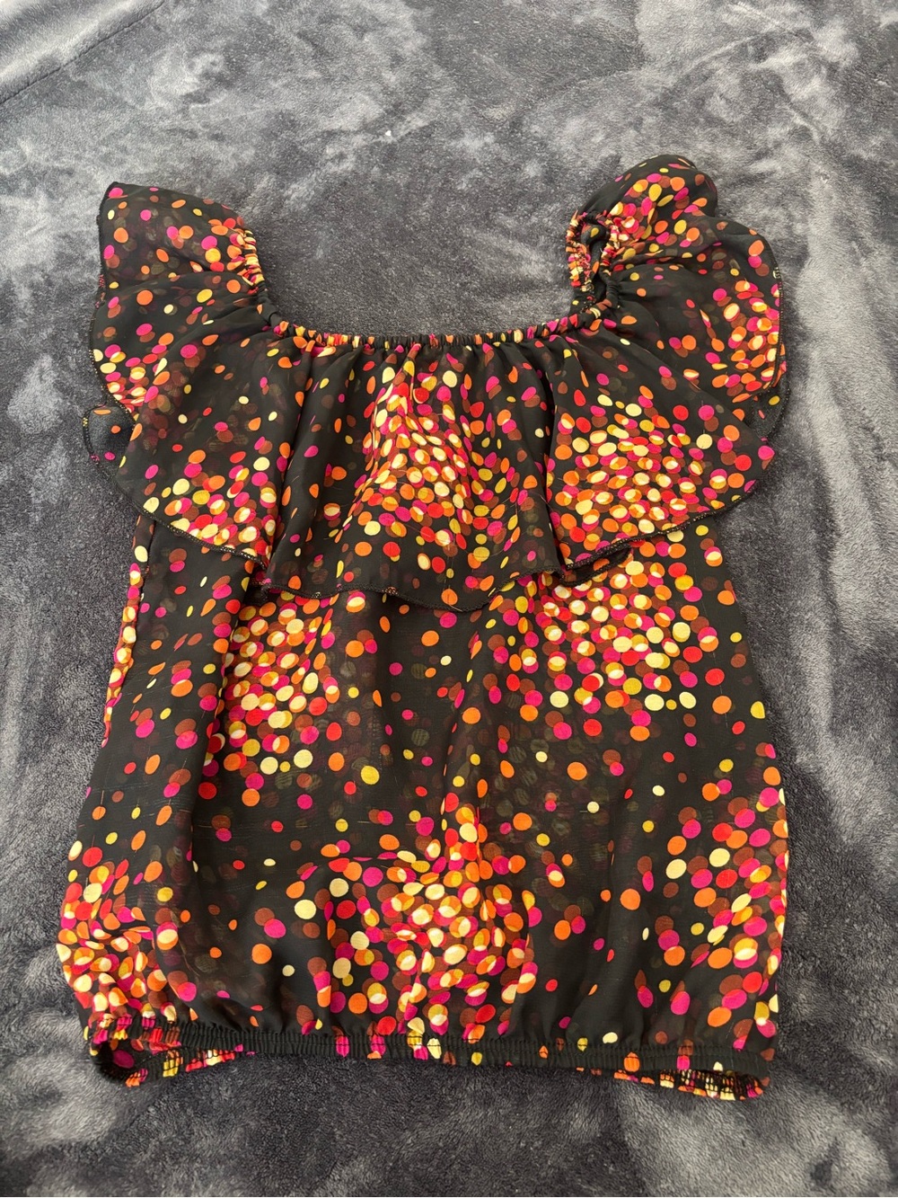 Black Off-Shoulder Ruffle Top with Pink & Orange Dot Print